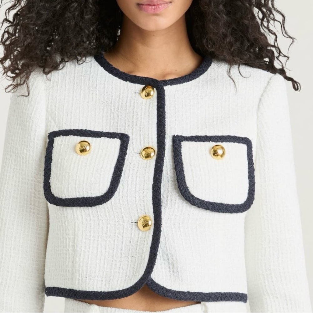 Cinq à Sept White Tweed Blazer with Dark Navy Edging